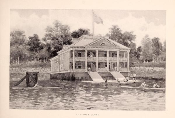 Photo of boathouse ca. 1897 (p. 43 Columbia University, 1897. https://archive.org/stream/columbiauniversi00colu_0#page/43/mode/1up