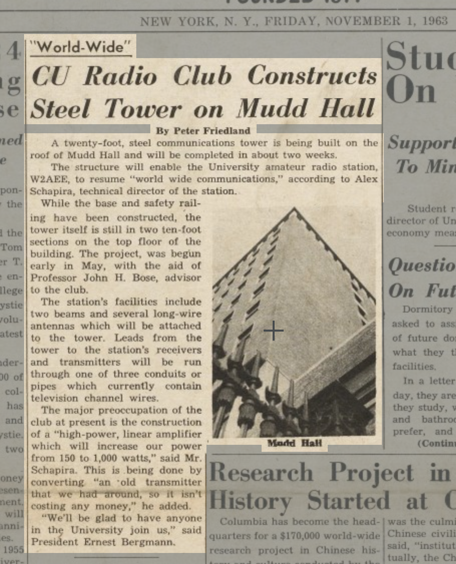 CU Radio Club Constructs Steel Tower on Mudd Hall Clipping from Columbia Daily Spectator, 11/1/1963
