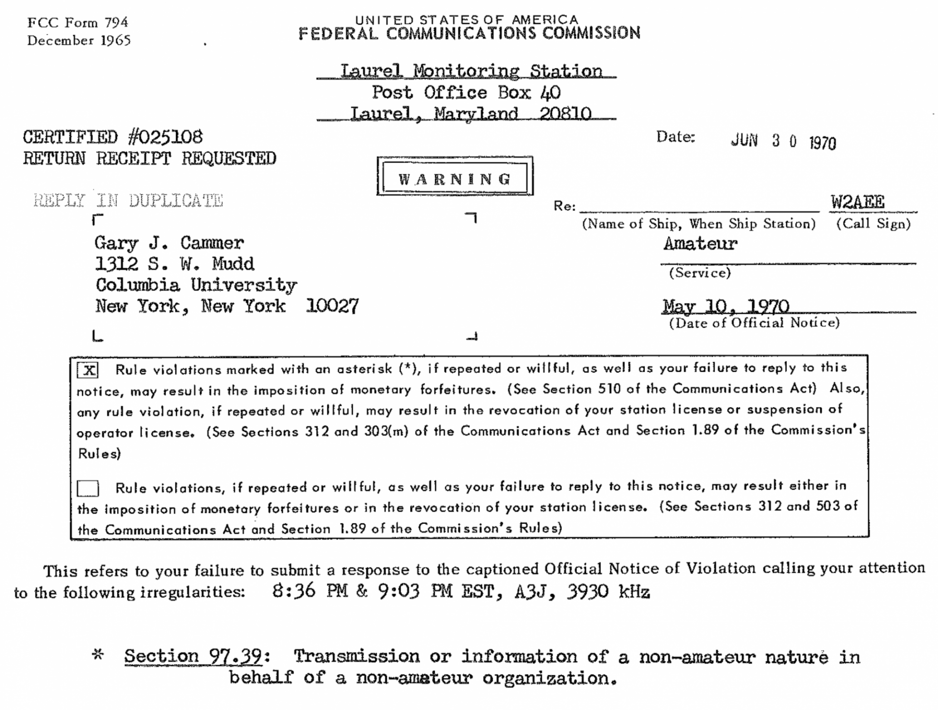 FCC Warning FCC Form 974 Warning letter