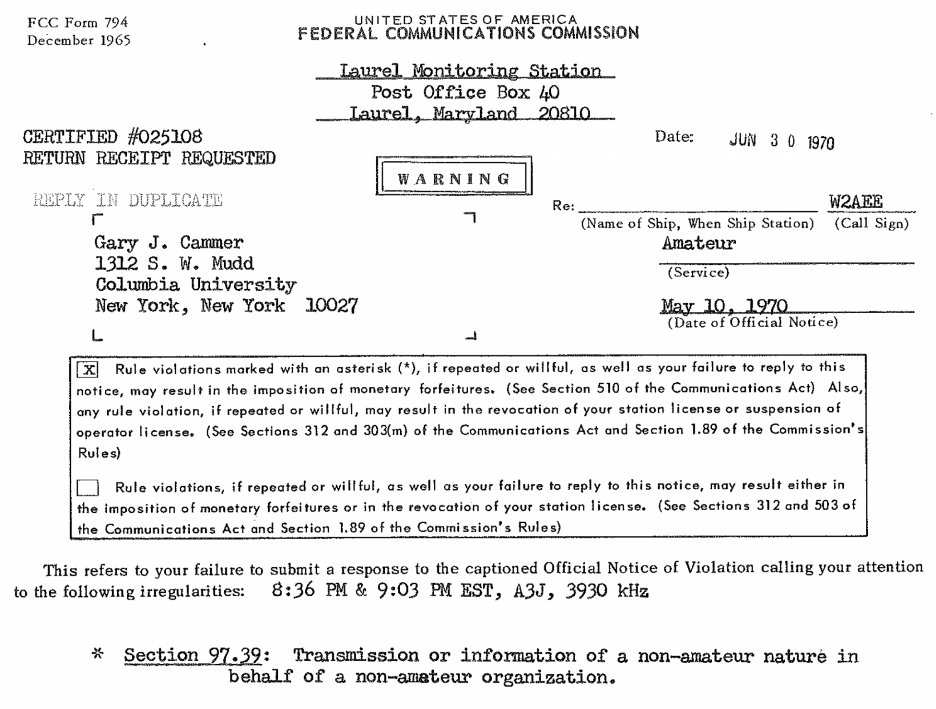 FCC Form 974 Warning letter