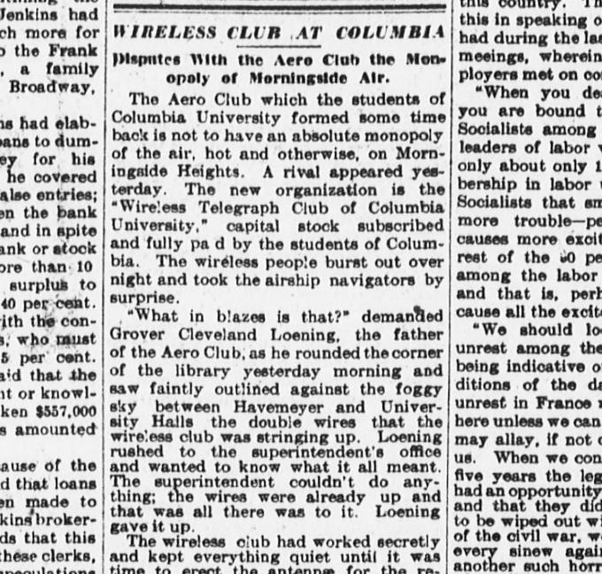 Image of newspaper article entitled: "Wireless Club at Columbia"