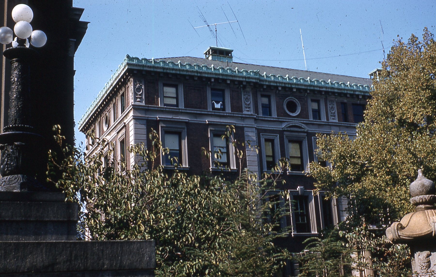 Photo of exterior of old Engineering Building showing rooftop antennas